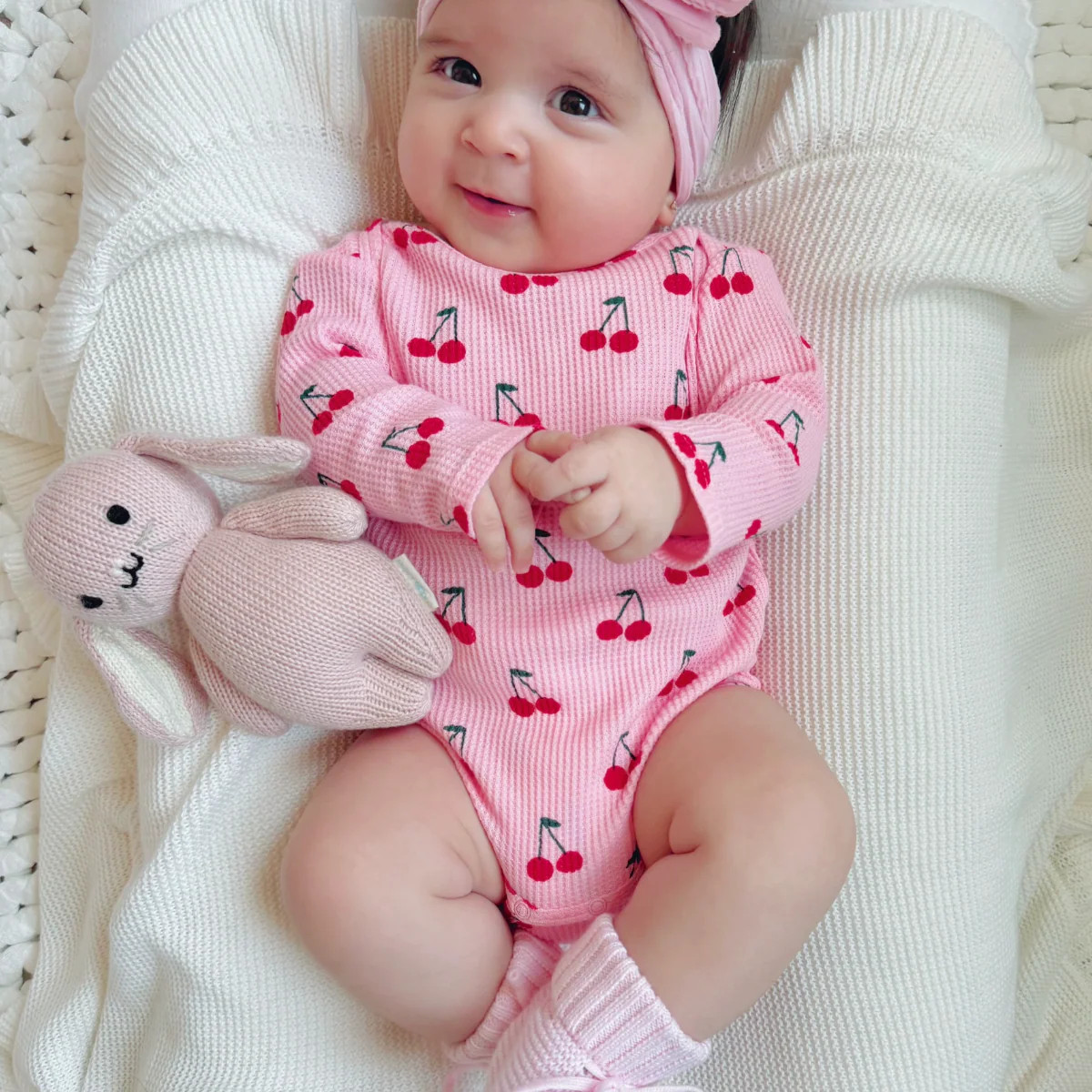 Organic Waffle Long Sleeve Bodysuit, Pink Cherries | SpearmintLOVE