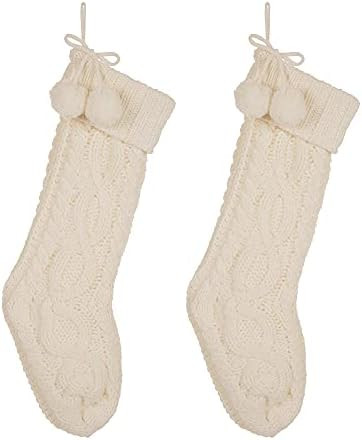 glitzhome Christmas Stockings Set of 2 Rustic Knitted Stockings White Christmas Stockings with Pom P | Amazon (US)