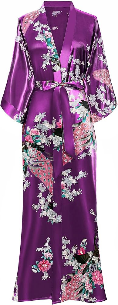 BABEYOND Women's Kimono Robe Long Satin Robes with Peacock and Blossoms Printed Kimono Nightgown | Amazon (US)