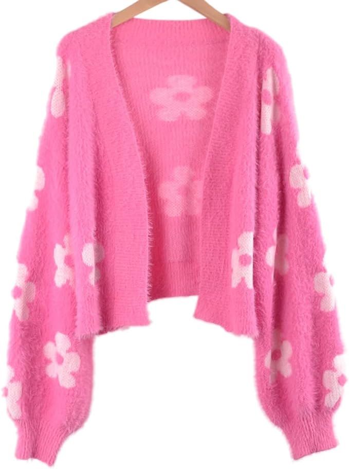 YUAKOU Women's Flower Long Sleeve Open Front Short Cardigan Casual Loose V Neck Down Knit Cardiga... | Amazon (US)
