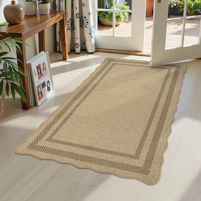 LIVEBOX Scalloped Easy Jute 3x5 Outdoor Rug, Washable Non-Slip Geometri Tan Rugs for Entryway, In... | Amazon (US)