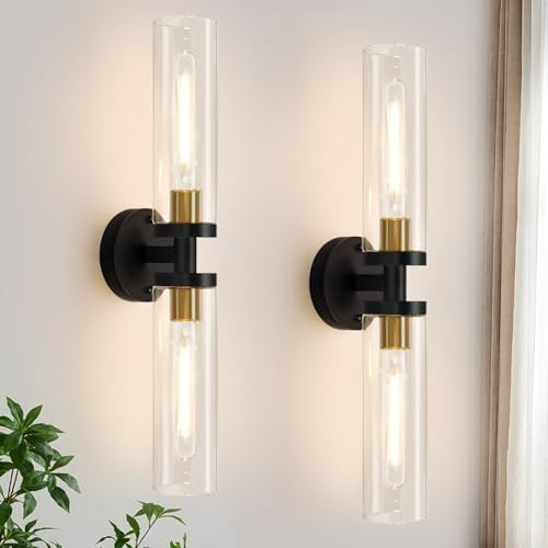 Indoi Wall Sconces Set of Two, 22" Black and Gold Bathroom Sconces with Clear Glass, Hardwired Mo... | Amazon (US)