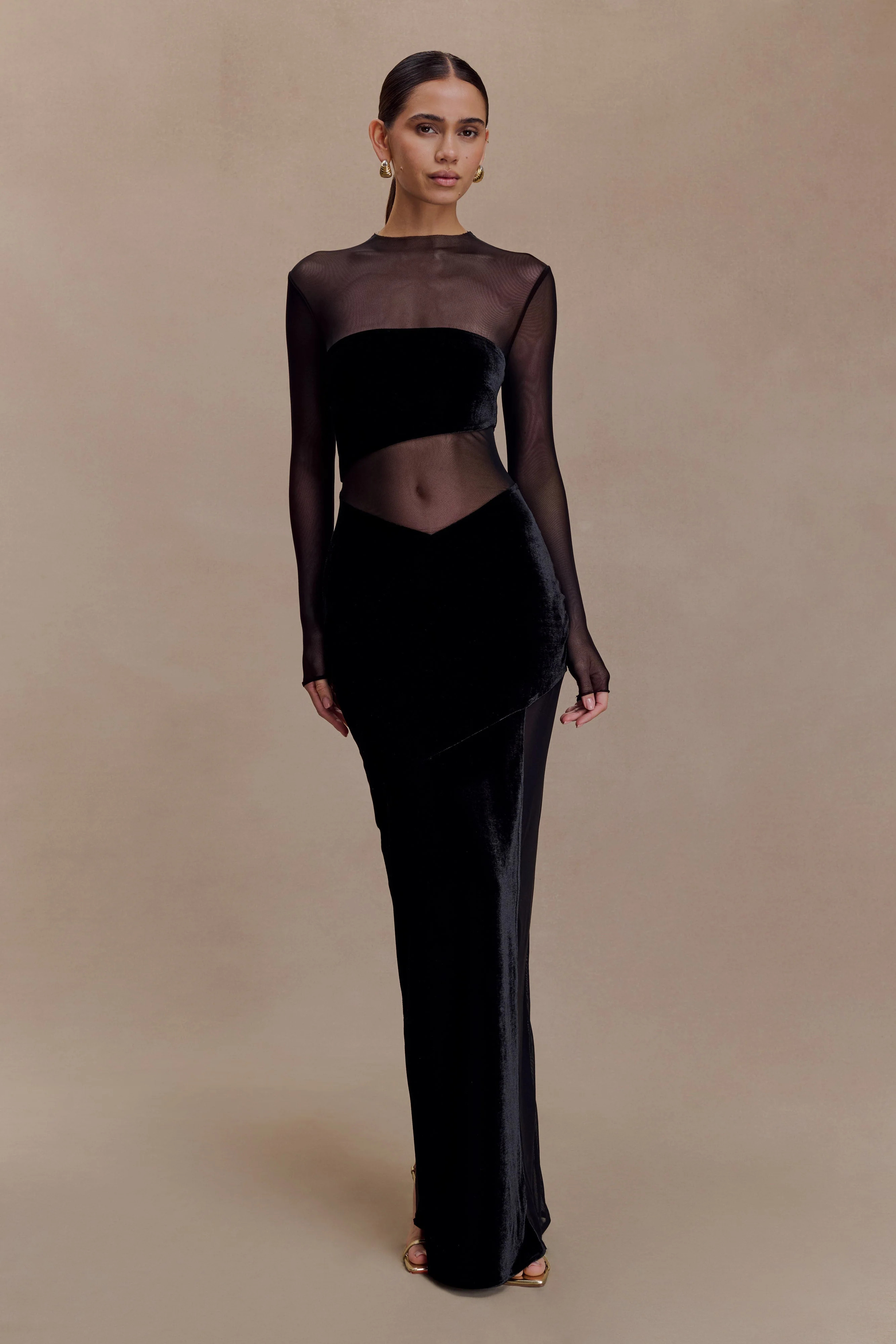 Davina Velvet And Mesh Maxi Dress - Black | MESHKI US