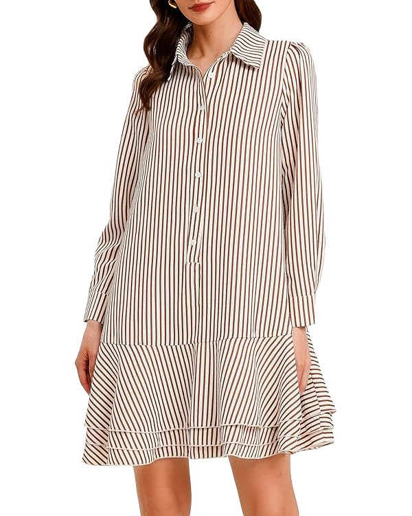Ladyful Long Sleeve Striped Shirt Mini Dress for Women Button Down Ruffle Tiered Drop Waist Shift... | Amazon (US)