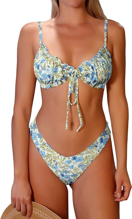 ZAFUL Women's Triangle Bikini Floral Ruffles Bow Tie Up Bikini Set Two Piece Swimsuit | Amazon (US)