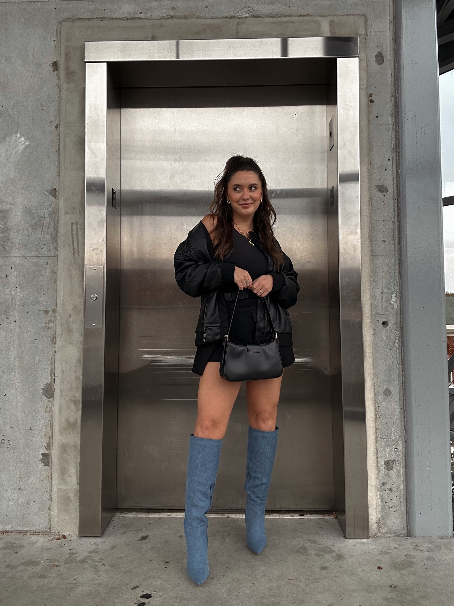 Leather bomber: large
Skirt: medium 
Knee high denim boots: TTS


#LTKSeasonal #LTKstyletip #LTKshoecrush