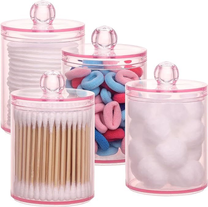 Tbestmax 4 pcs Qtips Holder Bathroom Container, 10 OZ Apothecary Jar, Pink Cotton Ball/Swabs Disp... | Amazon (US)