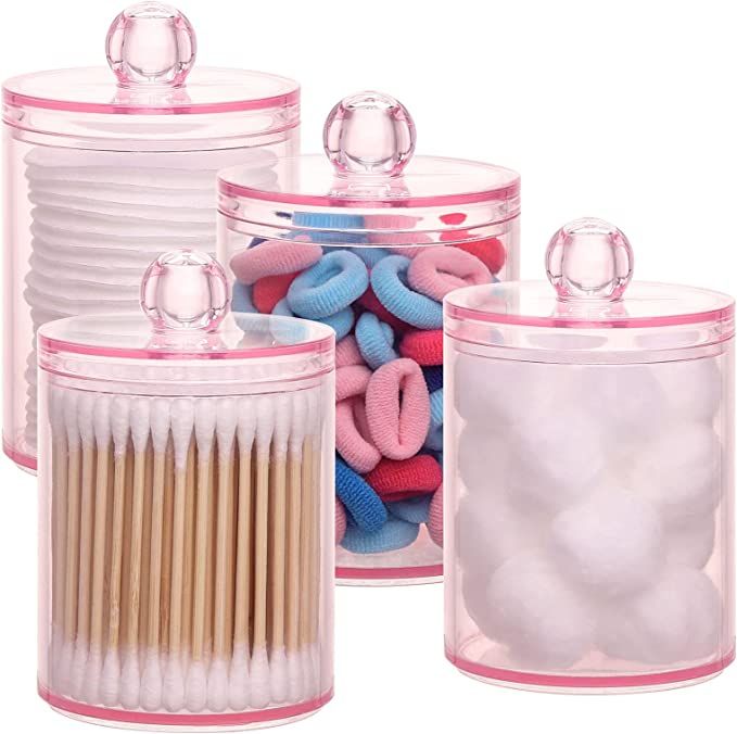 Tbestmax 4 pcs Qtips Holder Bathroom Container, 10 OZ Apothecary Jar, Pink Cotton Ball/Swabs Disp... | Amazon (US)