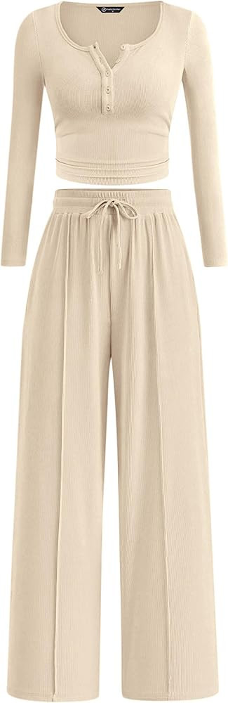 PRETTYGARDEN Women's 2026 Fall Trendy 2 Piece Outfits Lounge Sets Long Sleeve Top Henley Shirts W... | Amazon (US)