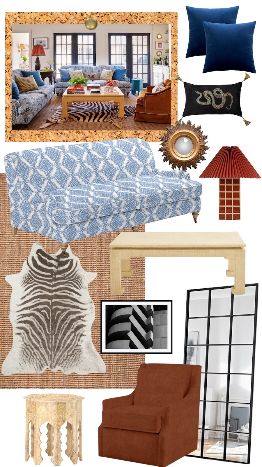 Inspired by this pattern infused living room as seen in Southern Living. 

Blue and white patterned sofa, cute rug, zebra, black and white photography, coffee, table, pillows, accent chair, floor mirror, round accent table