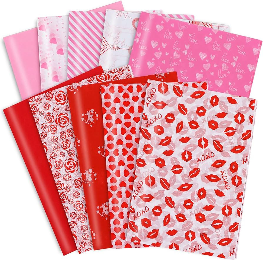 BEISHIDA 100 Sheets Valentine's Day Tissue Paper, 10 Style Red & Pink Wrapping Paper, Decorative ... | Amazon (US)
