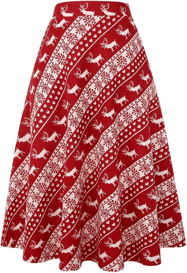 IDEALSANXUN Womens High Elastic Waist Maxi Skirt A-line Plaid Winter Warm Flare Long Skirt | Amazon (US)