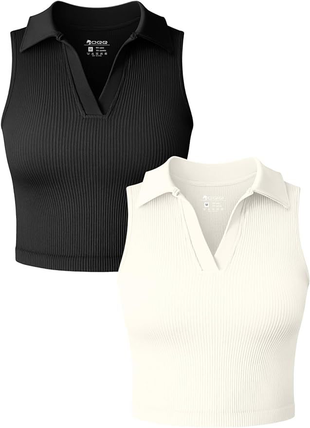OQQ Women's 2 Piece Shirts Ribbed Sleeveless Stretch Classic-Fit Shirts Yoga Crop Tops | Amazon (US)