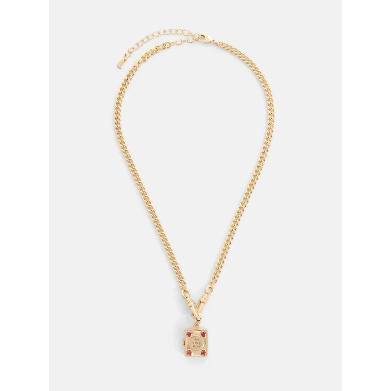 Free Assembly Women's Goldtone Book Pendant Necklace with Cubic Zirconia, 16" + 3" Extender | Walmart (US)