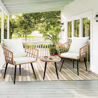 JUSKYS Bohemian 3-Piece Wicker Patio Conversation Set with Beige Cushions AHOY3001 - The Home Dep... | The Home Depot