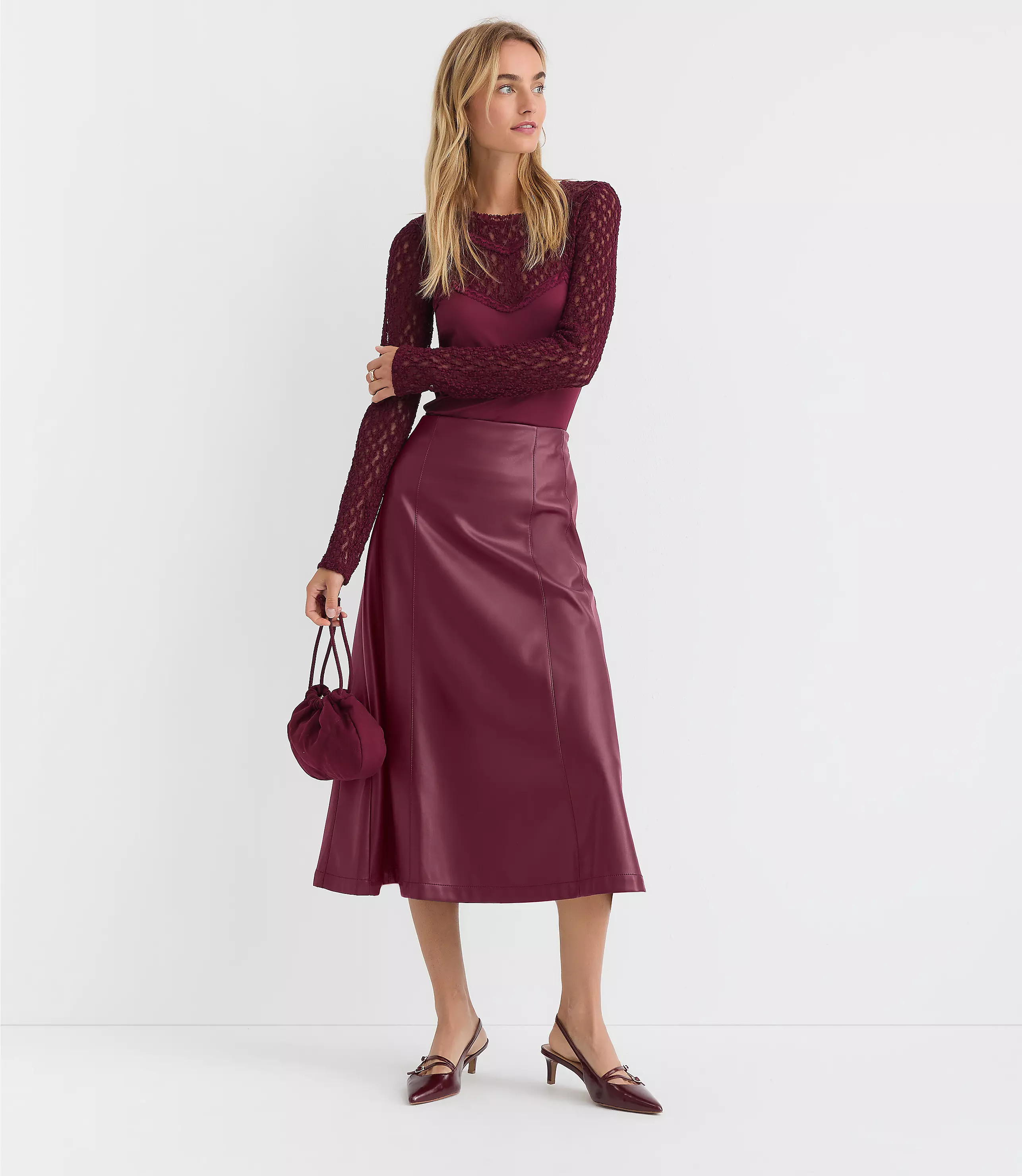 Faux Leather Paneled Midi Skirt | LOFT
