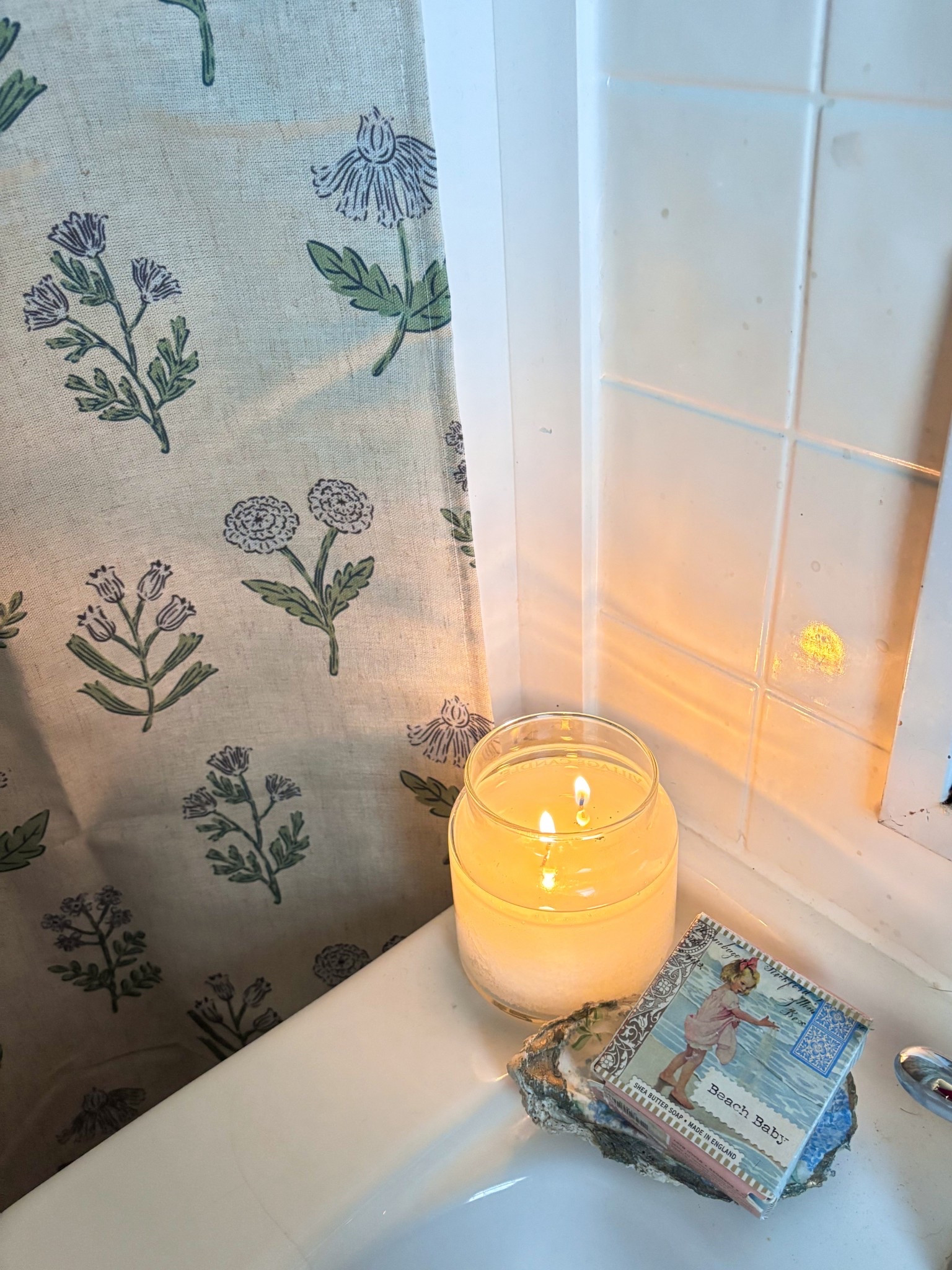 This hydrangea shower curtain is the cutest coastal cottage piece for my tiny bathroom 🥹🩷 a candle and antique soap just tops it off! 

#LTKFindsUnder50 #LTKHome #LTKFindsUnder100