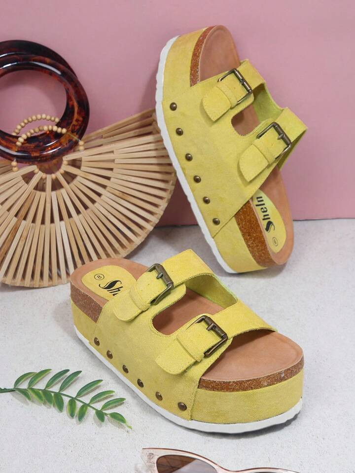 SHUZIA Round Toe Double Buckle Flatform Sliders Summer Shoes Spring Shoes Spring Break Easter Vacation Shoes Casual Shoes Beach Shoes Mother's Day Present | SHEIN