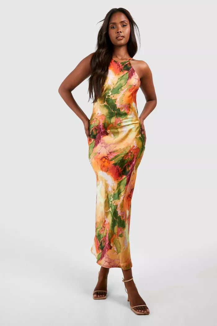 Marble Satin Halter Midi Dress | boohoo (US & Canada)