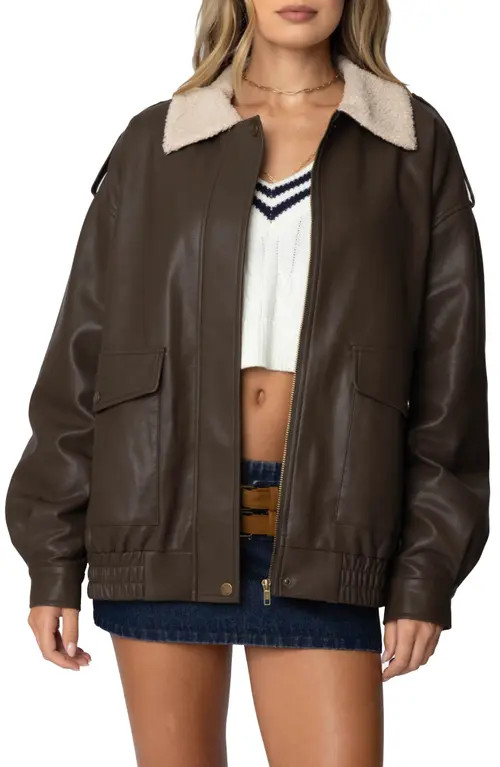EDIKTED Ann Oversize Faux Leather Jacket with Faux Shearling Collar in Brown at Nordstrom, Size Large | Nordstrom
