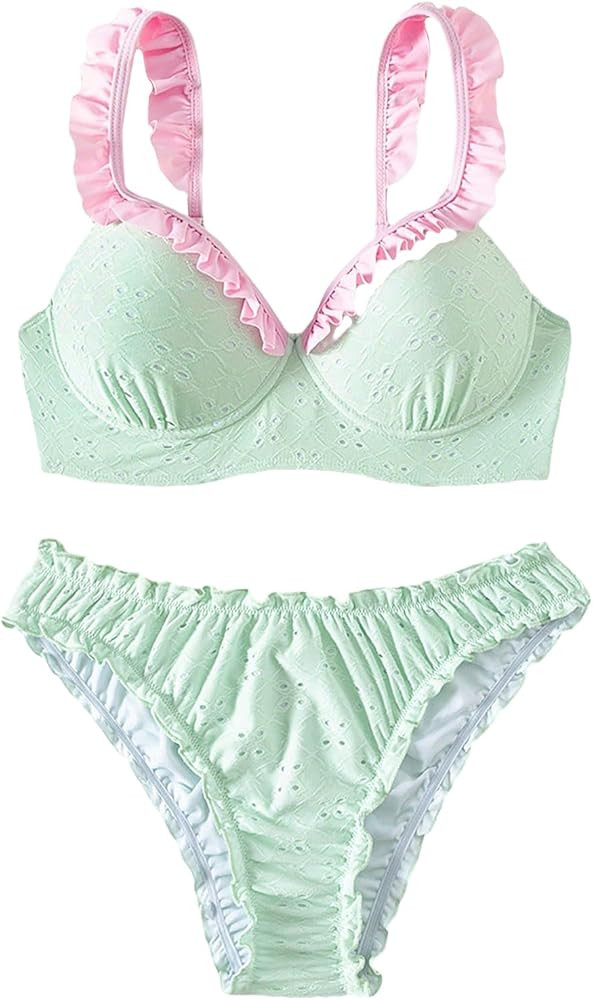 OYOANGLE Women's 2 Piece Color Block Bikini Swimsuit Ruffle Underwire Bathing Suit Swimwear | Amazon (US)