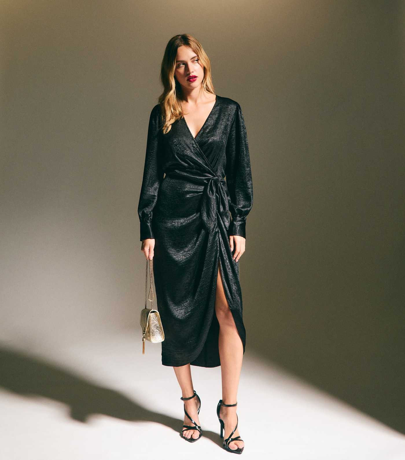 Black Foil Long Sleeve Wrap Midi Dress | New Look | New Look (UK)