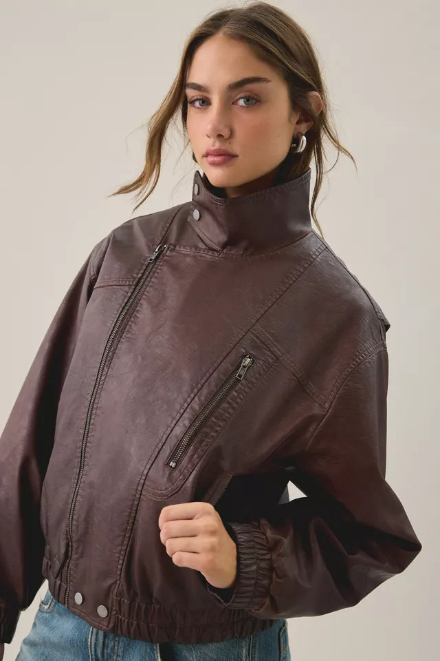 BDG Freddie Funnel Neck Faux Leather Bomber Jacket in Brown, Women's at Urban Outfitters | Urban Outfitters (US and RoW)