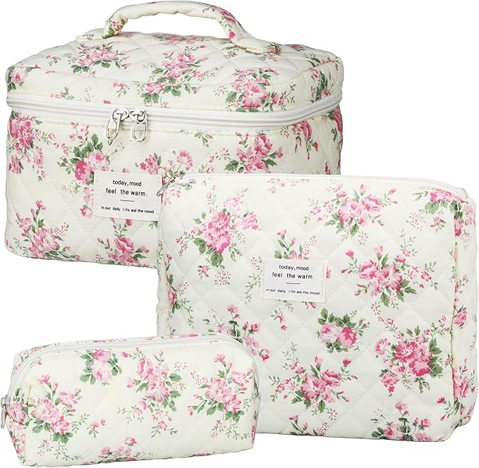 Quilted Makeup Bag Set - 3 PCS Cute Floral Cotton Makeup Bag, Large Coquette Aesthetic Make up Co... | Amazon (US)