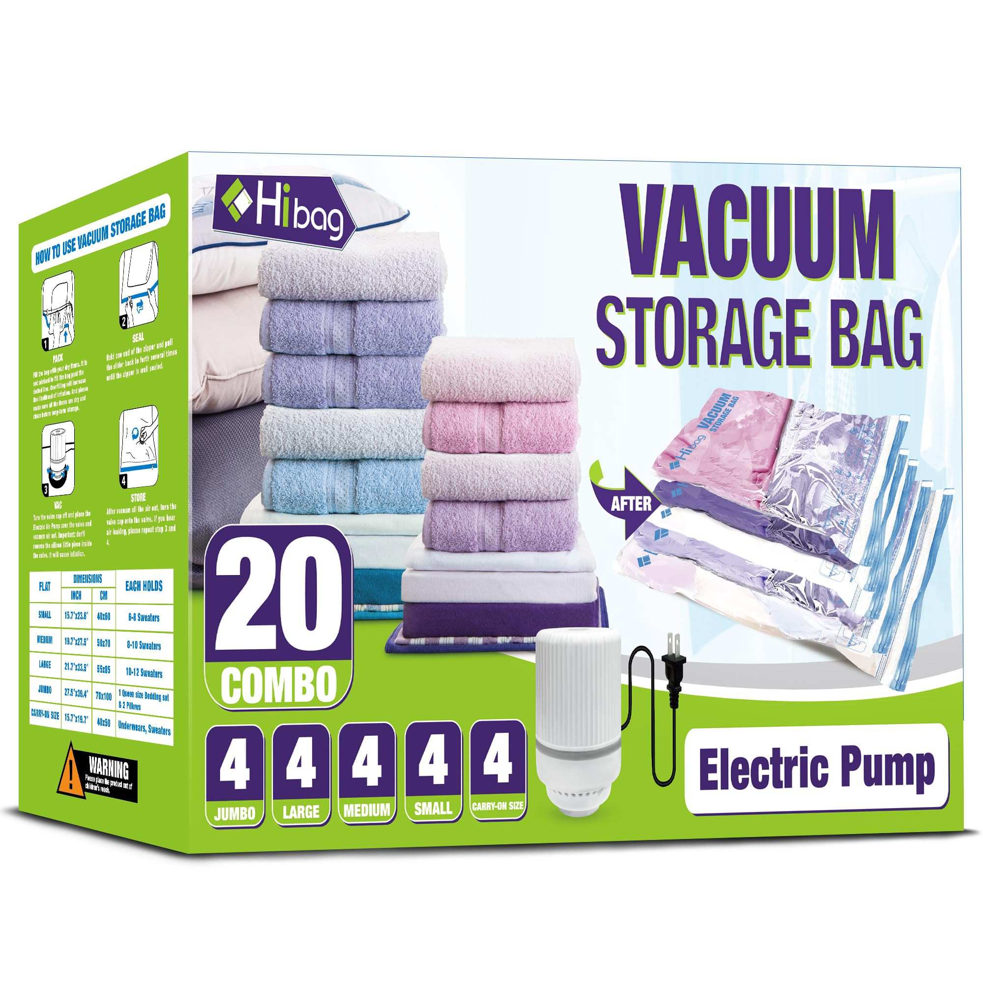 HIBAG Vacuum Storage Bags with Electric Pump, Vacuum Seal Bags for Clothing, Pillows, Blanket Bed... | Amazon (US)
