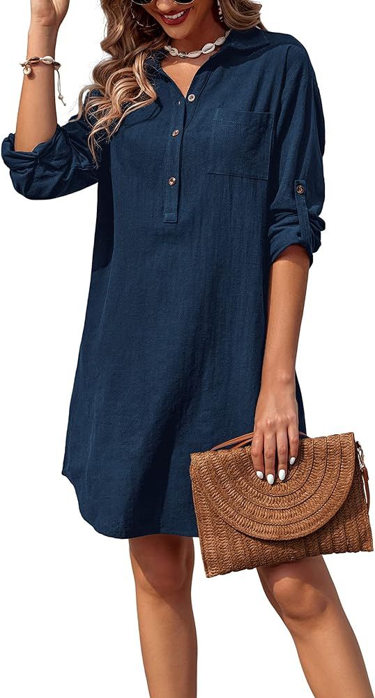 Zeagoo Women Summer Dress Cotton Linen Shirt Dress Button Down Tunic Dress Beach Cover Up Dress | Amazon (US)