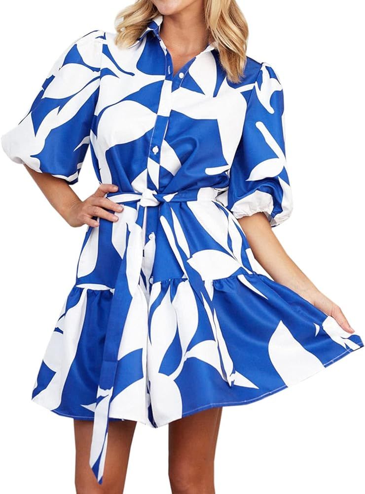 futurino Women Single Breasted A-line Dress, Floral Printed Boho Style Lantern Short Sleeve with ... | Amazon (US)