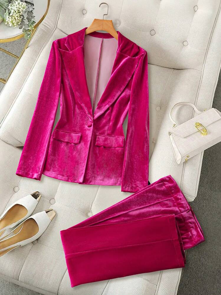 SHEIN Clasi Women's Elegant Velvet Lapel Collar Long Sleeve Jacket & Pants Suit Set, Fashion Autumn/Winter Fall Cloth For Women | SHEIN