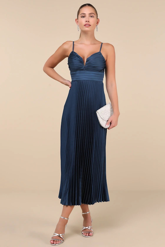 Fabulous Perfection Navy Blue Satin Pleated Midi Dress | Lulus