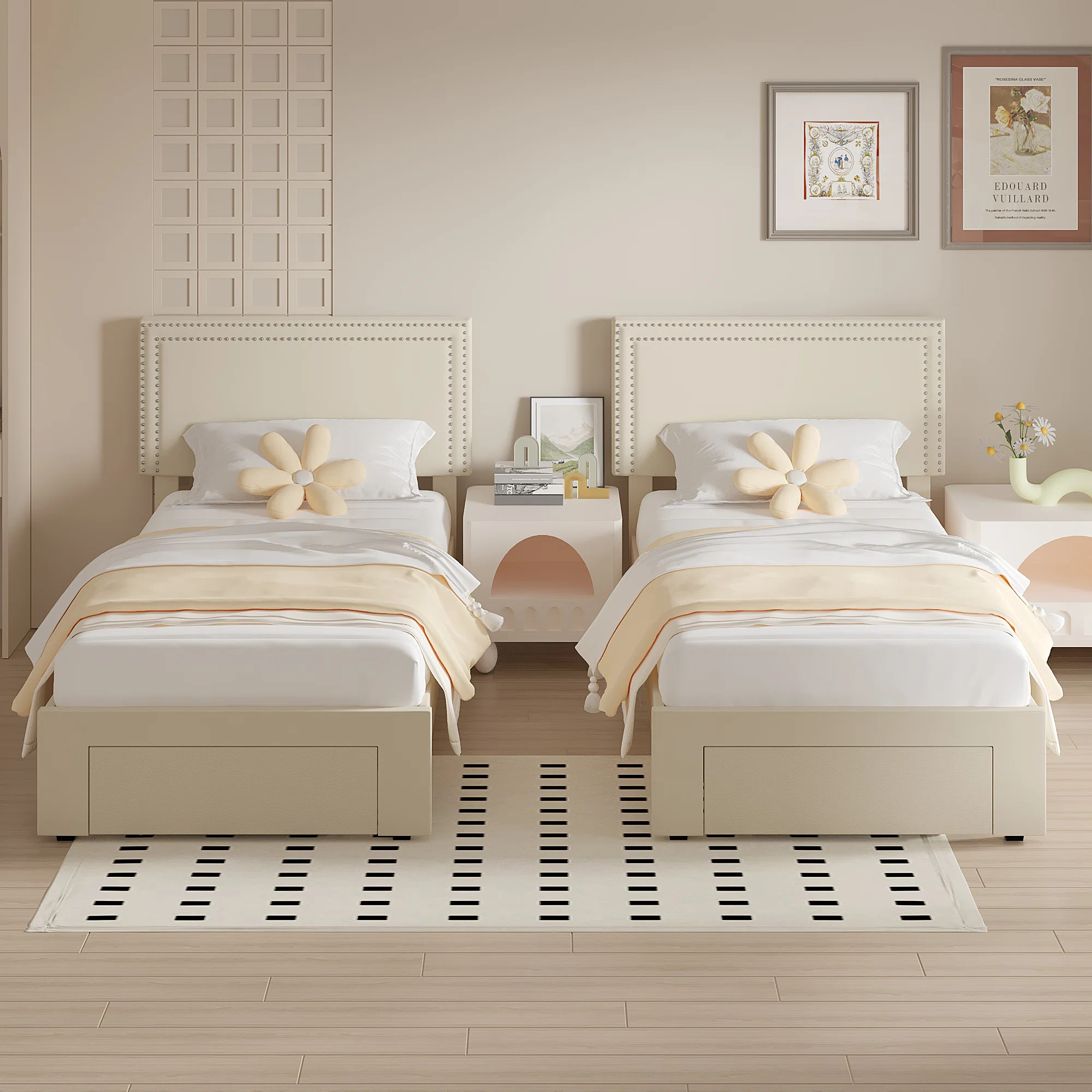 Mercer41 Set Of 2 Twin Size Storage Beds With Adjustable Upholstered Nailhead Trim Headboards And Storage Drawers, Modern Wood Platform Bed Frames For Small Rooms, Guest Bedrooms, Bedroom & Reviews | Wayfair | Wayfair North America