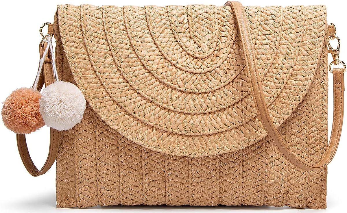 Straw Shoulder Bags, Rungion Womens Straw Clutch Envelope Purse Crossbody Summer Beach Bag With P... | Amazon (US)