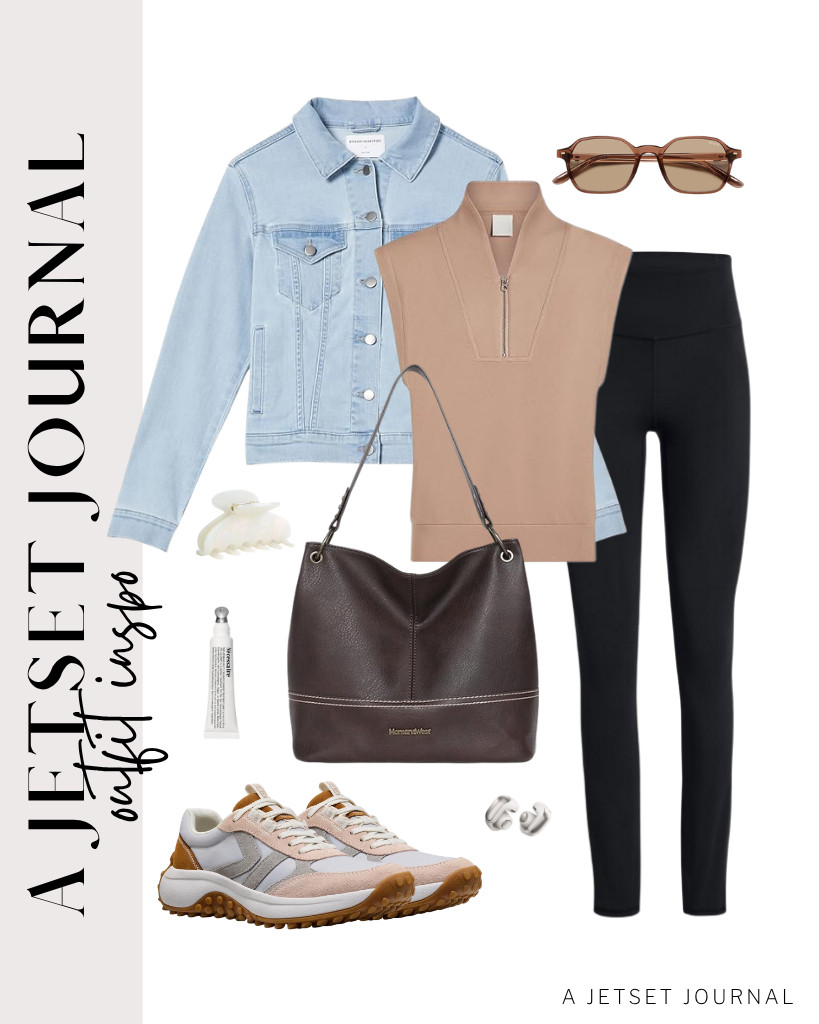 The next outfit combines a coffee gray cap-sleeve half-zip sweatshirt, SINOPHANT high-waisted leggings, and an Amazon Essentials denim jacket. This slouchy shoulder bag and KEEN retro-style sneakers are perfect for this look. Don’t forget your Bose Ultra Open Earbuds! 

 #LTKSeasonal #LTKSaleAlert #LTKTravel
