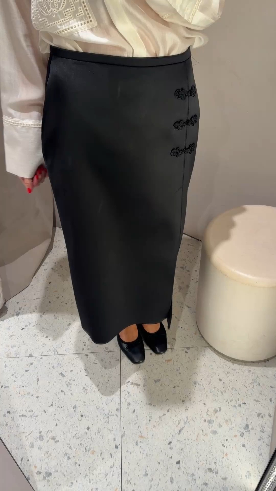 Zara black satin midi skirt, Zara frog closure skirt, Zara button detail skirt, Zara pencil skirt, cream lace pocket blouse, satin shirt, black bow ballet flats, workwear outfit, office to evening, quiet luxury office style, elevated basics, minimalist workwear, transitional dressing, quiet luxury, ltkstyletip, ltkworkwear, ltkseasonal, ltkfindsunder100, outfit inspo, capsule wardrobe essentials

#LTKeurope #LTKworkwear #LTKpartywear