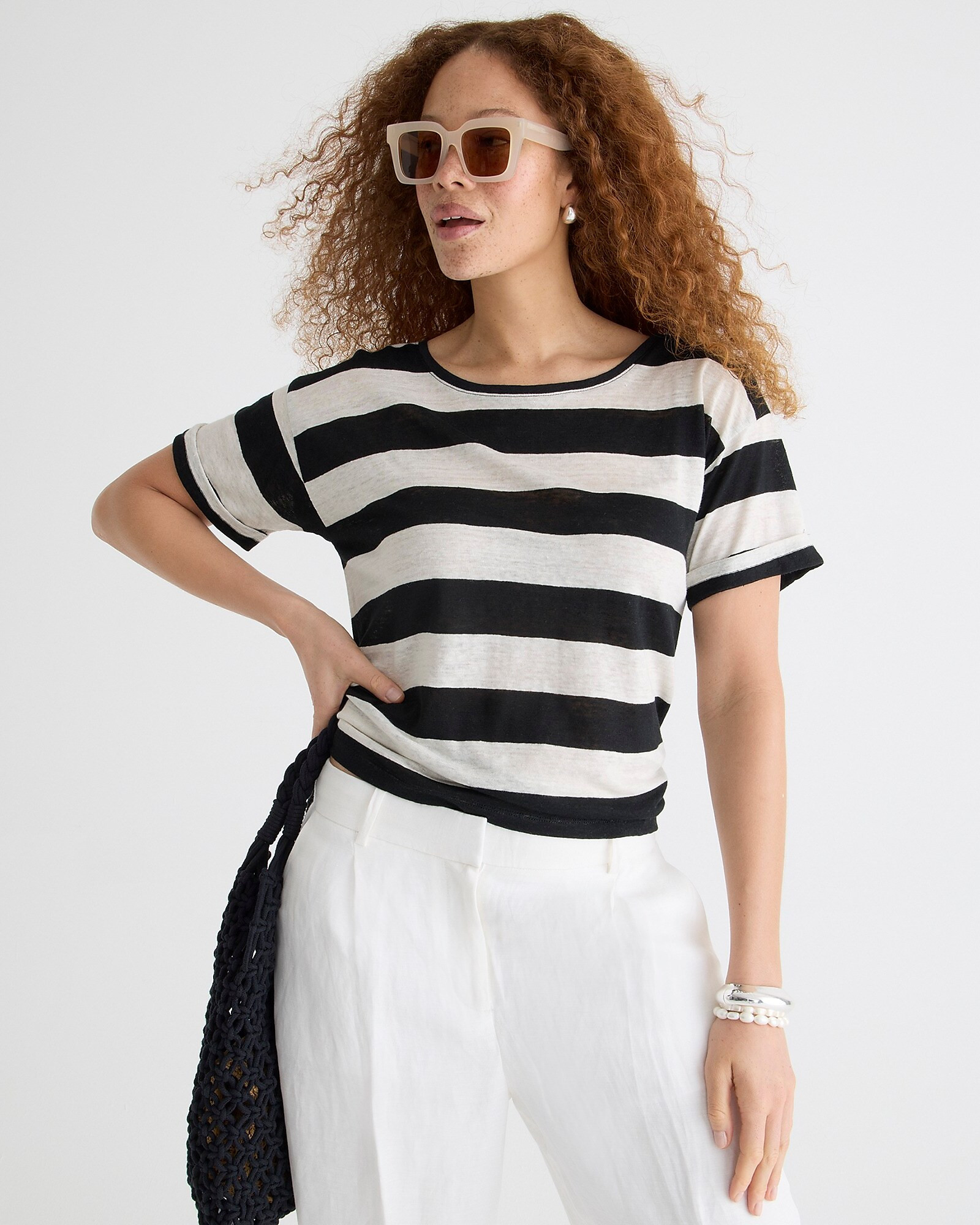 Linen roll-cuff crewneck T-shirt in stripe | J. Crew US