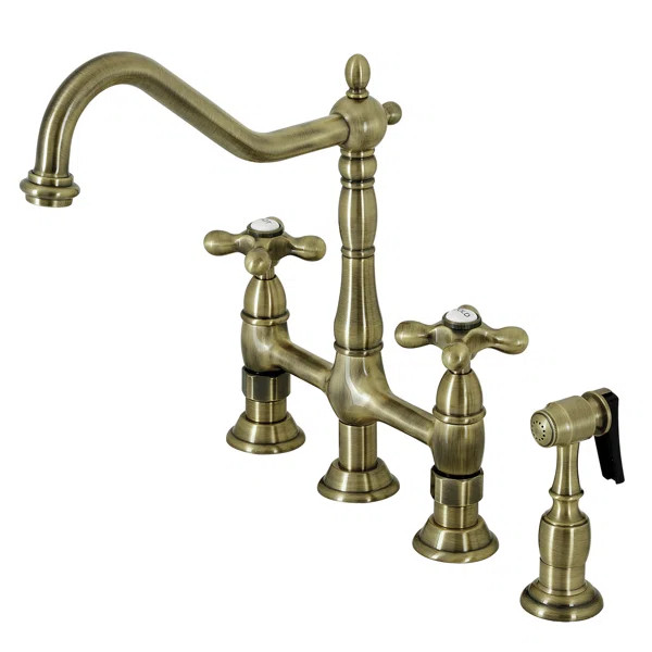 Kingston Brass Heritage Two-Handle 4-Hole Deck Mount Bridge Kitchen Faucet with Brass Side Spraye... | Wayfair North America