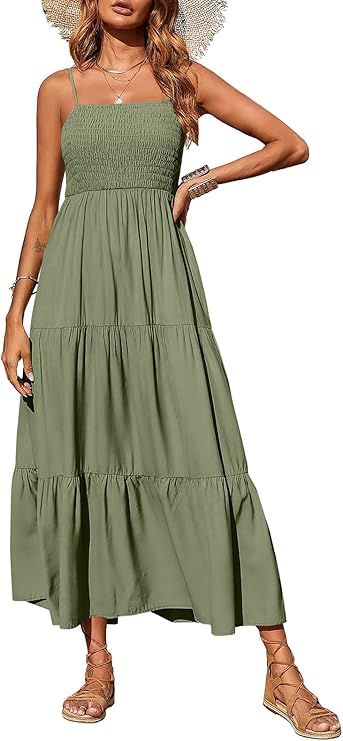PRETTYGARDEN Women's Summer Maxi Dress Casual Boho Sleeveless Spaghetti Strap Smocked Tiered Long... | Amazon (US)