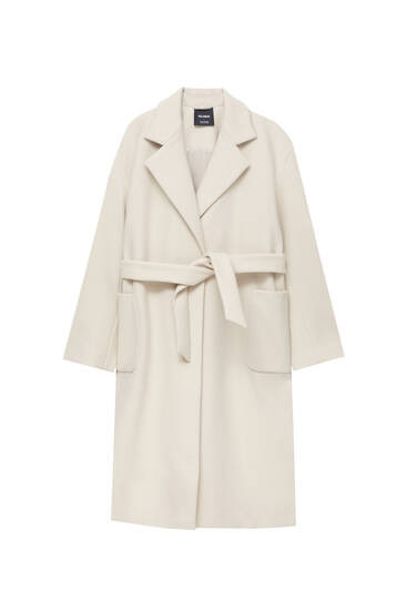 Long felt texture coat with belt | PULL and BEAR UK