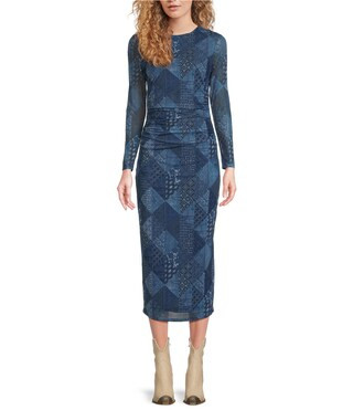 Mesh Patchwork Graphic Print Crew Neck Long Sleeve Ruched Bodycon Midi Dress | Dillard's