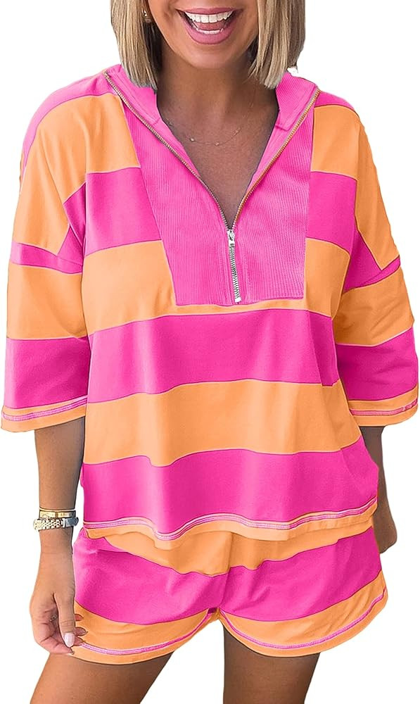 UONBOX Womens Summer 2pcs Set Stripe Seam Detail Half Zip Oversize Tee Shorts Sweatsuits Casual L... | Amazon (US)