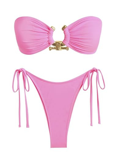 ZAFUL Sexy Two Piece Bathing Suit for Women Strapless String Bikini Thong Cheeky Swimsuit Light Pink M | Amazon (US)