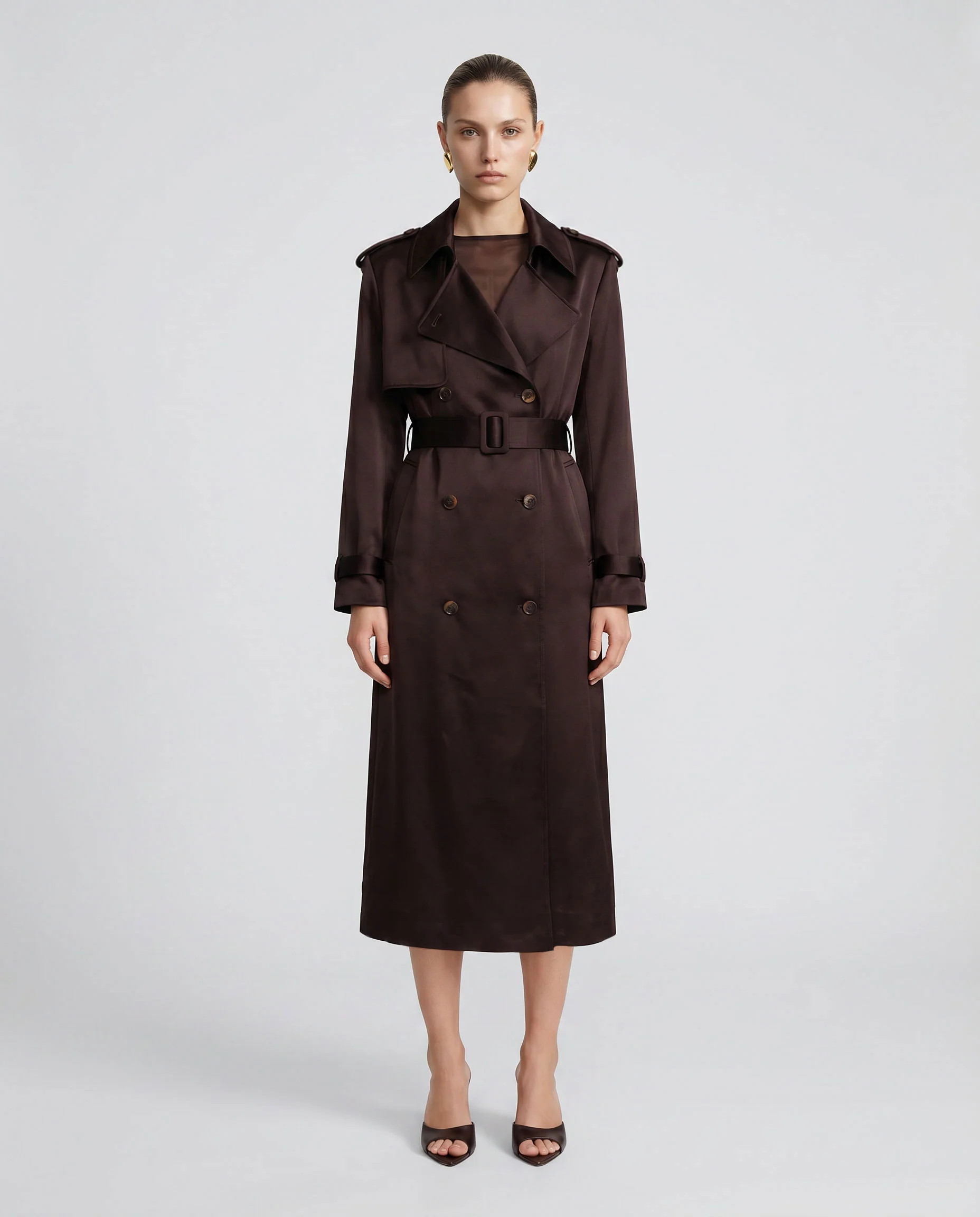 Chocolate Satin Trench Coat | DE SAVARY LONDON