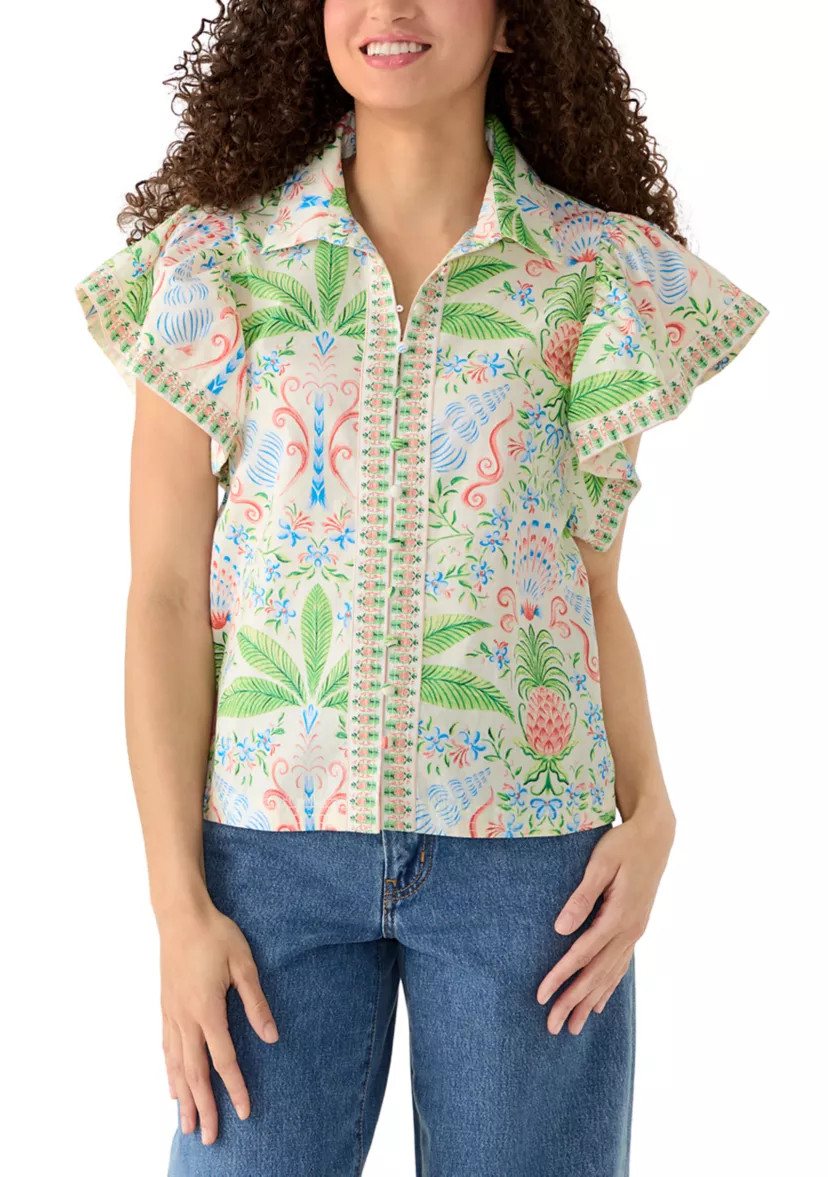 Petite Short Flutter Sleeve Poplin Top | Belk