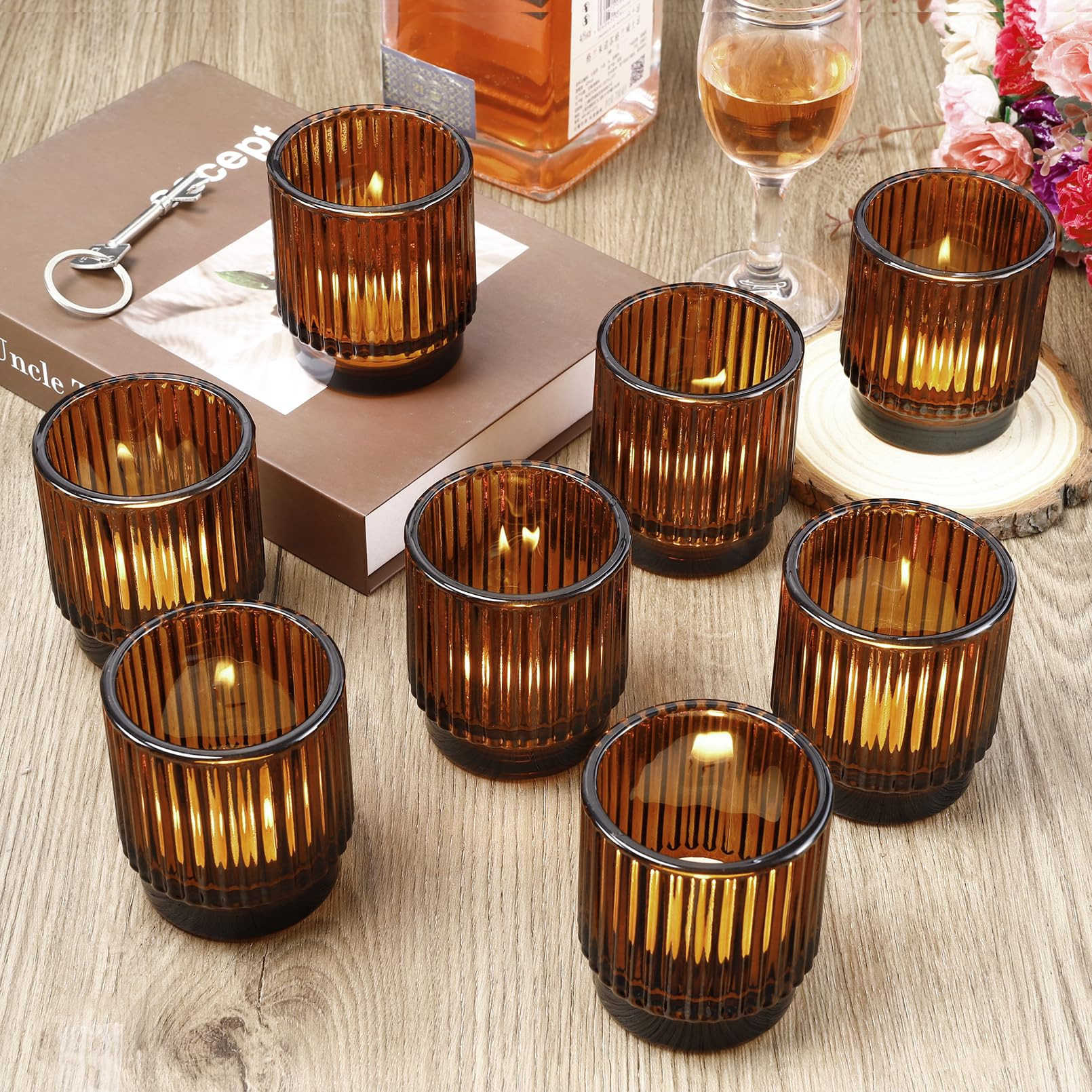 8 Pcs Amber Votive Candle Holders, Vintage Amber Glass Tea Light Candles Holders, Ribbed Glass Te... | Amazon (US)