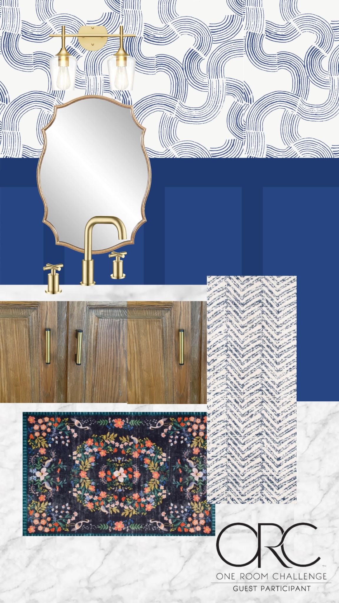 Guest bathroom makeover! 
Navy, fusion mineral paint, rifle paper, mirror, vanity, light, brass, brushed gold faucet, peel & stick wallpaper

#LTKhome #LTKstyletip