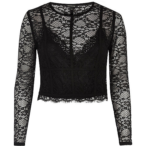 Black long sleeve lace crop top | River Island (US)