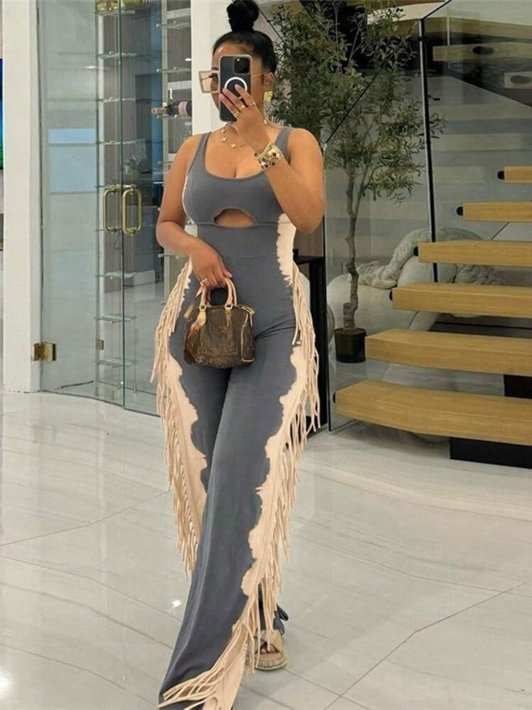 Women's Fashion Contrasting Color Personalized Tassel Casual Leggings Jumpsuit | SHEIN